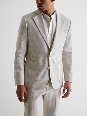 Express Extra Slim Linen Suit Jacket Sport Coat Blazer 38R Plaid Minimalist NWT